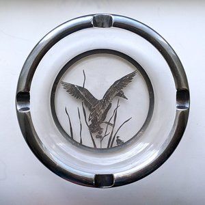Vintage Silver City Glass Co. Sterling Silver Overlay On Crystal Ducks Ashtray